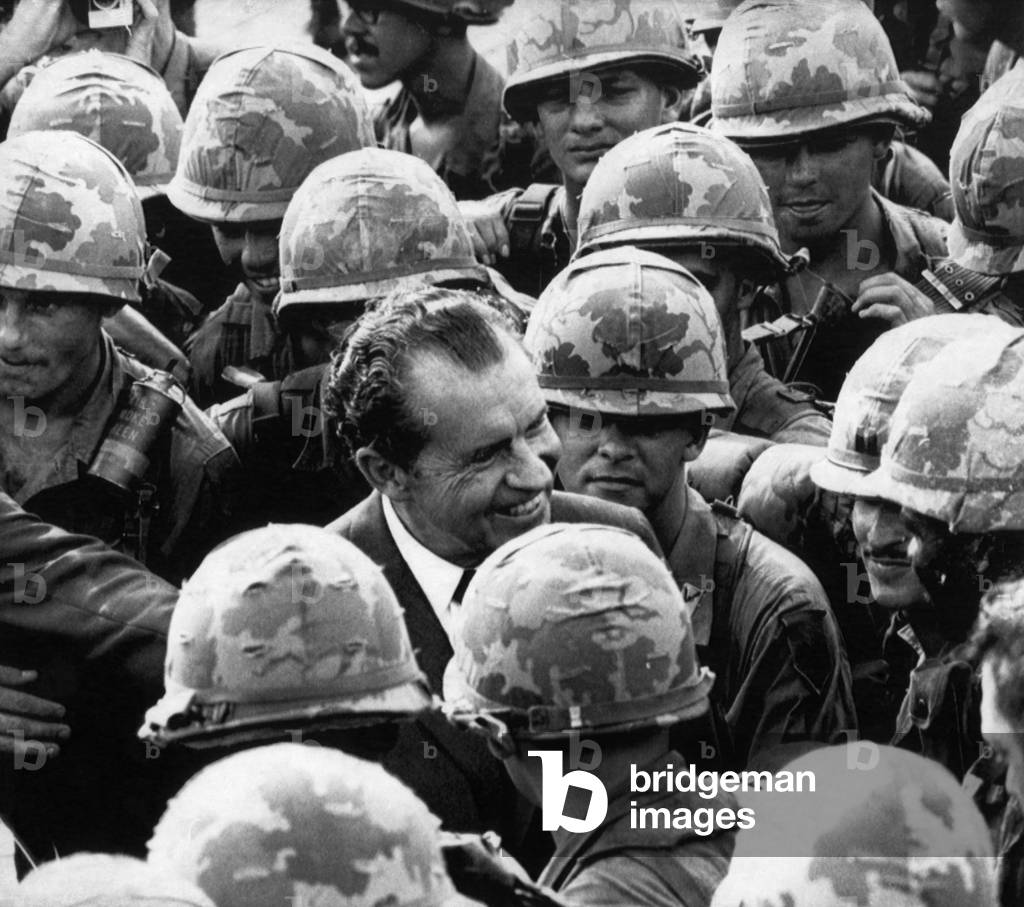 1969 US Presidency, Vietnam War. President Richard Nixon visiting the US Army's First Infantry Division (Big Red 1) in Vietnam, July, 1969