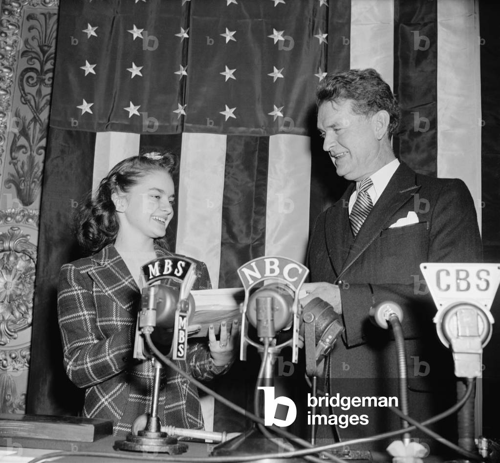 Gene Cox, the first female Congressional Page, Jan. 3, 1939. She was appointed by her father, Rep. Edward Cox, as his personal page