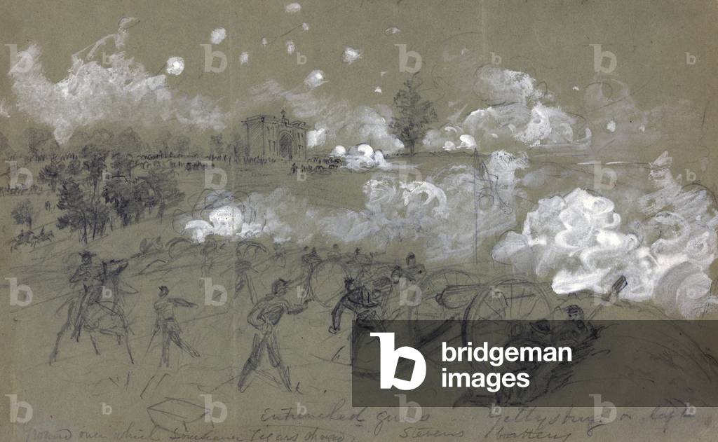 The Civil War. The Battle of Gettysburg. 5th Maine Light Artillery on Cemetary Hill prior to Picketts Charge. A.R. Waud. 1863