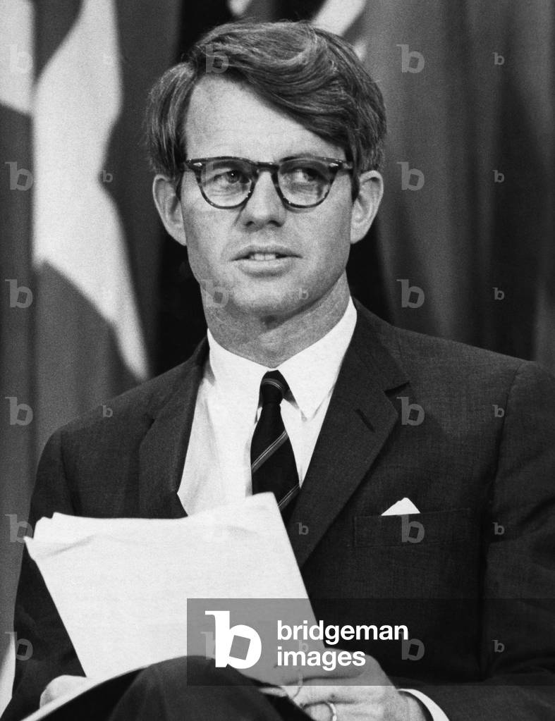 Senator Robert F. Kennedy waits to address 14,500 students at Kansas State University, March 25, 1968.