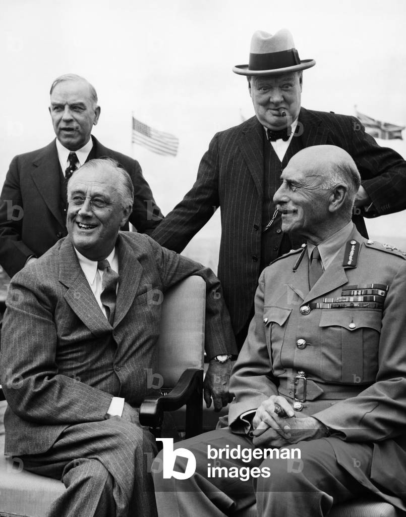 World War II. Seated, from left: US President Franklin Delano Roosevelt, and British Major General Alexander Cambridge, Earl of Athlone. Standing, from left: Canadian Prime Minister W.L. Mackenzie King, British Prime Minister Winston Churchill at the Second Quebec Conference, (codenamed OCTAGON), Quebec City, Canada, September 1944
