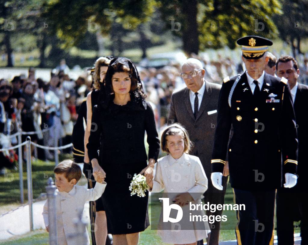 Jacqueline Kennedy with children John and Caroline at President John F. Kennedy's funeral, 11/25/1963.