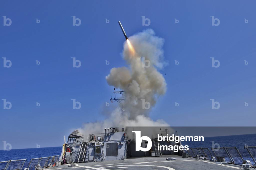 Tomahawk cruise missile launched to a target in Libya on March 29 2011 during Operation Odyssey Dawn to enforce United Nations Security Council Resolution 1973 protecting Libyan civilians during Libyan civil war.,