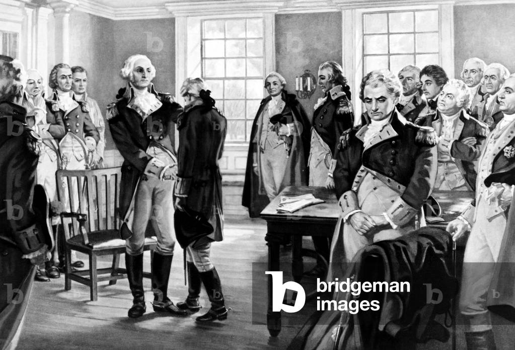 George Washington says farewell to his troops at Fraunces Tavern, New York, 1783. Painting by Hintermeister