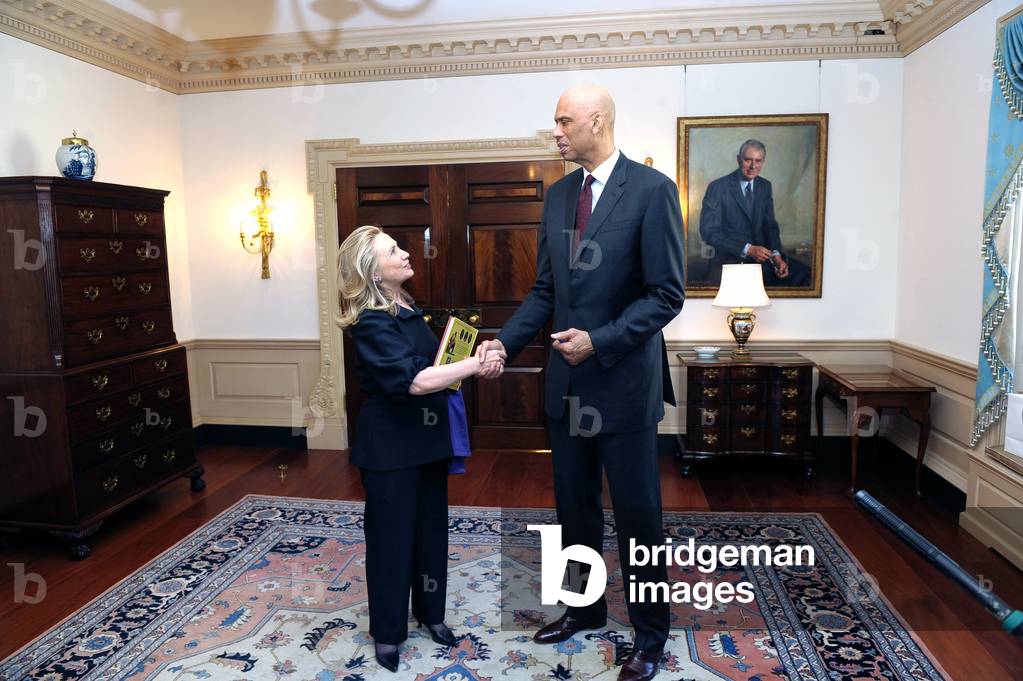 Hillary Clinton with Kareem Abdul-Jabbar. They met to discuss his new role as a global Cultural Ambassador. Jan. 18, 2012