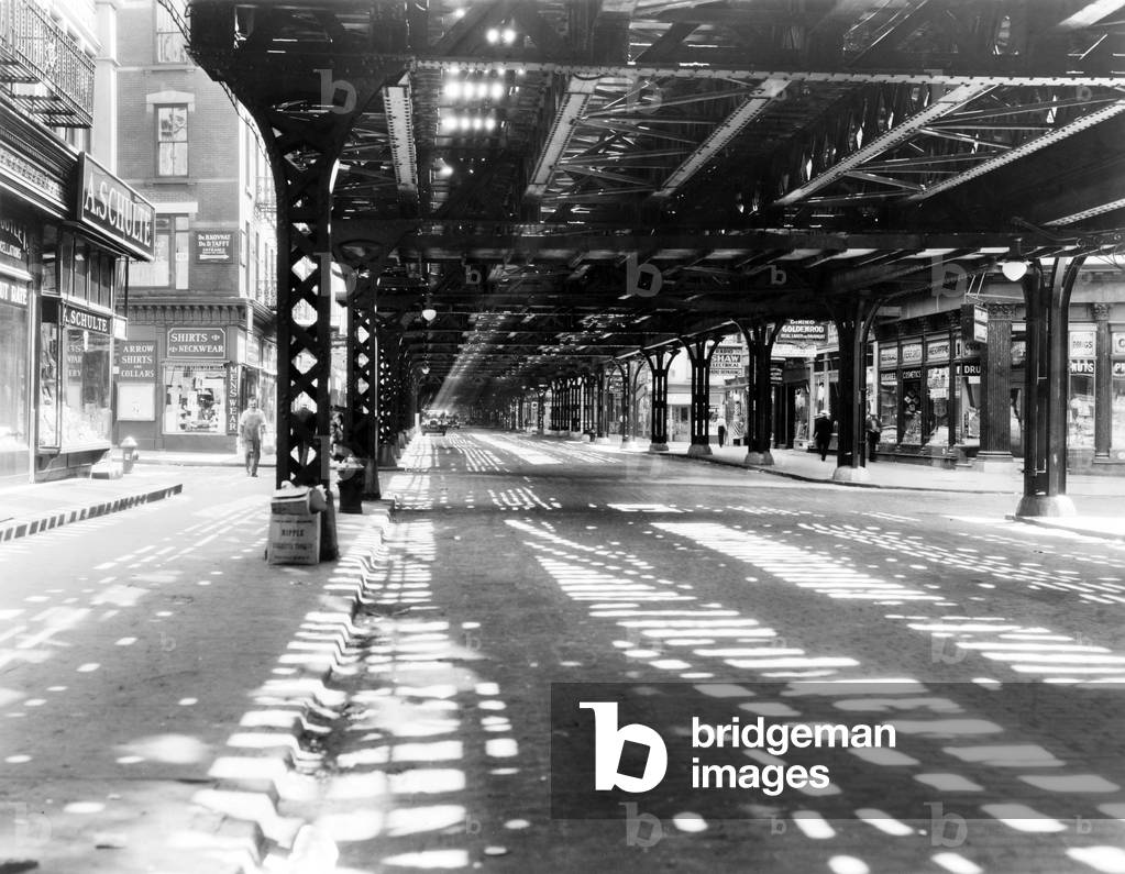 New York City's west side elevated railroad at Greenwich Street, New York in the 1930s