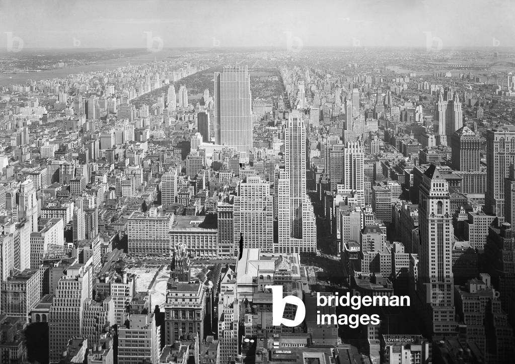 View North from NYC's Empire State Building includes the new RCA Building. Sept 11, 1933. Beyond are the Upper West and East Sides, bordering Central Park. Photo by Samuel H. Gottscho