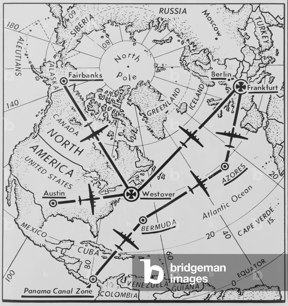 Routes of U.S. Air Force C-54 'Flying Boxcars' from the North America to Frankfurt, Germany, 1948-49 (print)