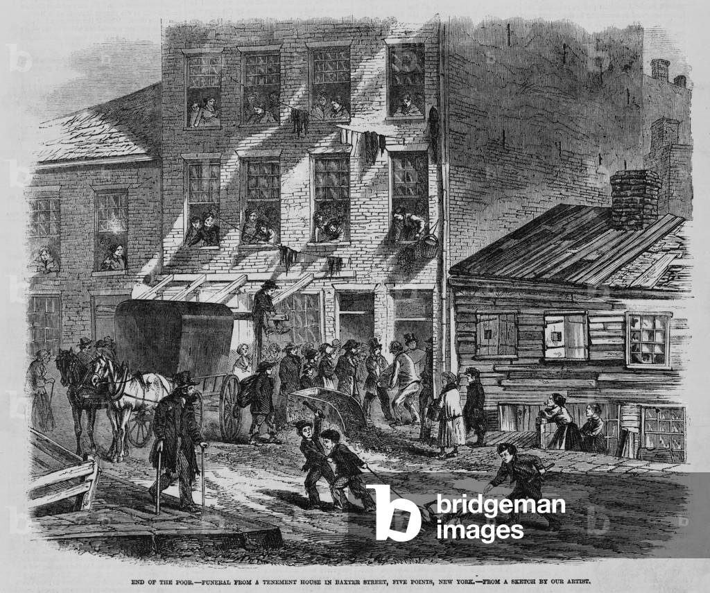 Depressing scene of poverty at Five Points in New York City. People at a tenement house watch men carry out a coffin; in the street, two boys drag a dead dog by one leg. Wood engravings of 1865