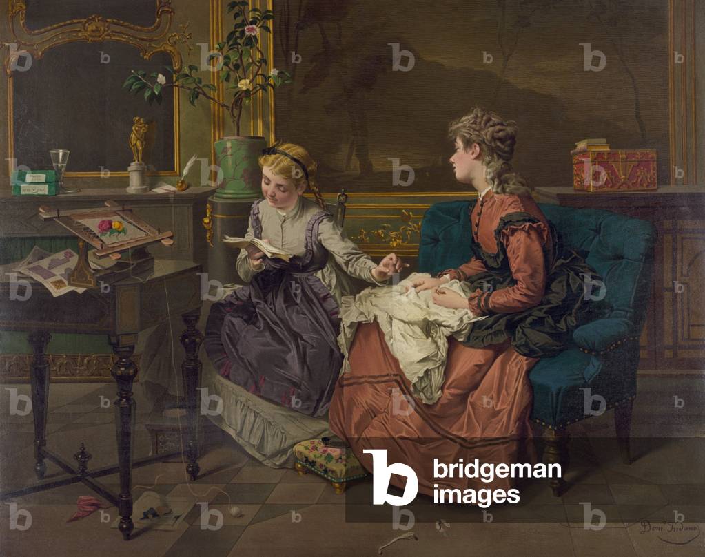 Domestic scene with two girls, one reading to another who sews. 1873