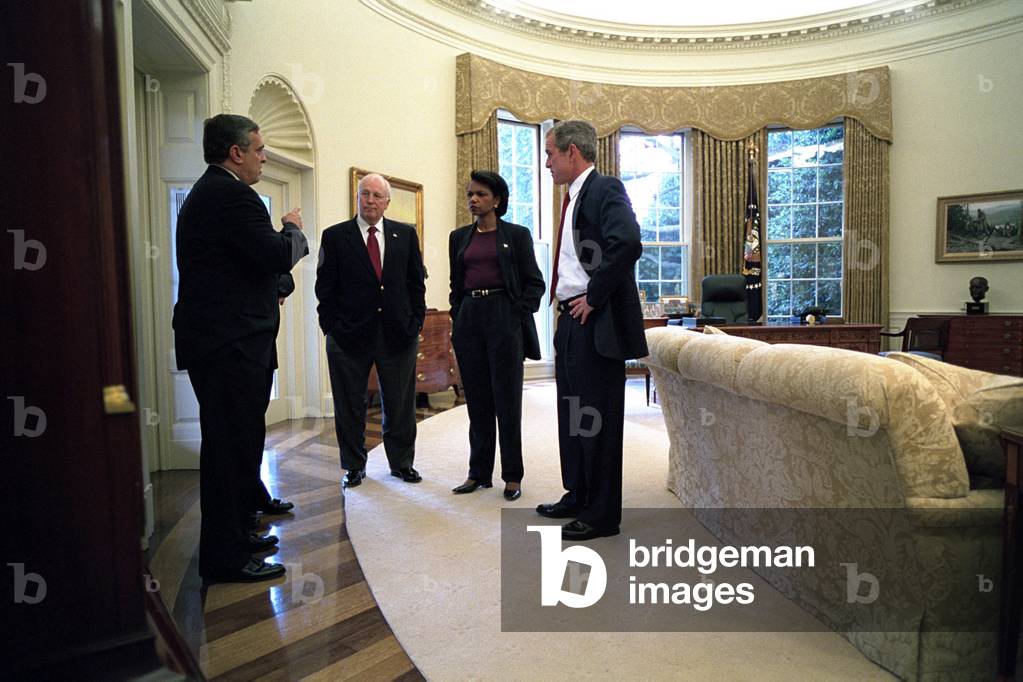 President George W. Bush with CIA Dir. George Tenet, VP Dick Cheney and Condoleezza Rice. On Oct. 7, 2001, 'Operation Enduring Freedom', began with U.S., British and Afghan troops against Al-Qaeda in Afghanistan