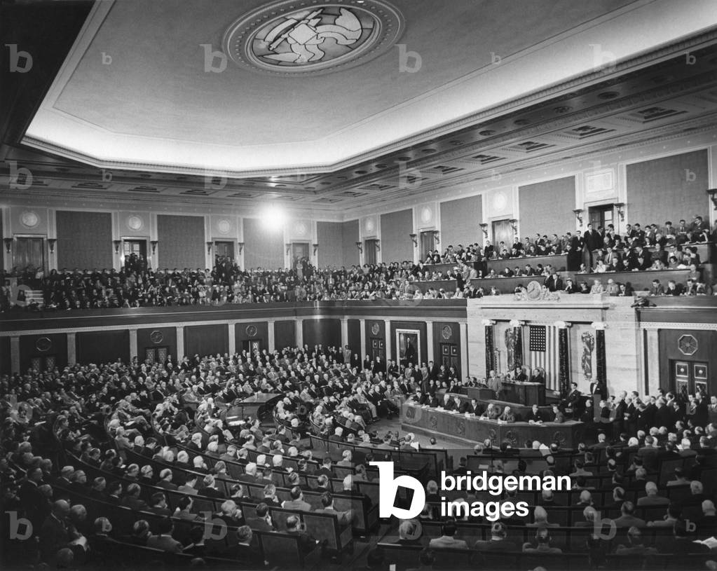 President Dwight Eisenhower delivering his 1954 State of the Union address to Congress. Jan. 7, 1954. Eisenhower discussed highways, noting the 'vital interest of every citizen in a safe and adequate highway system'.
