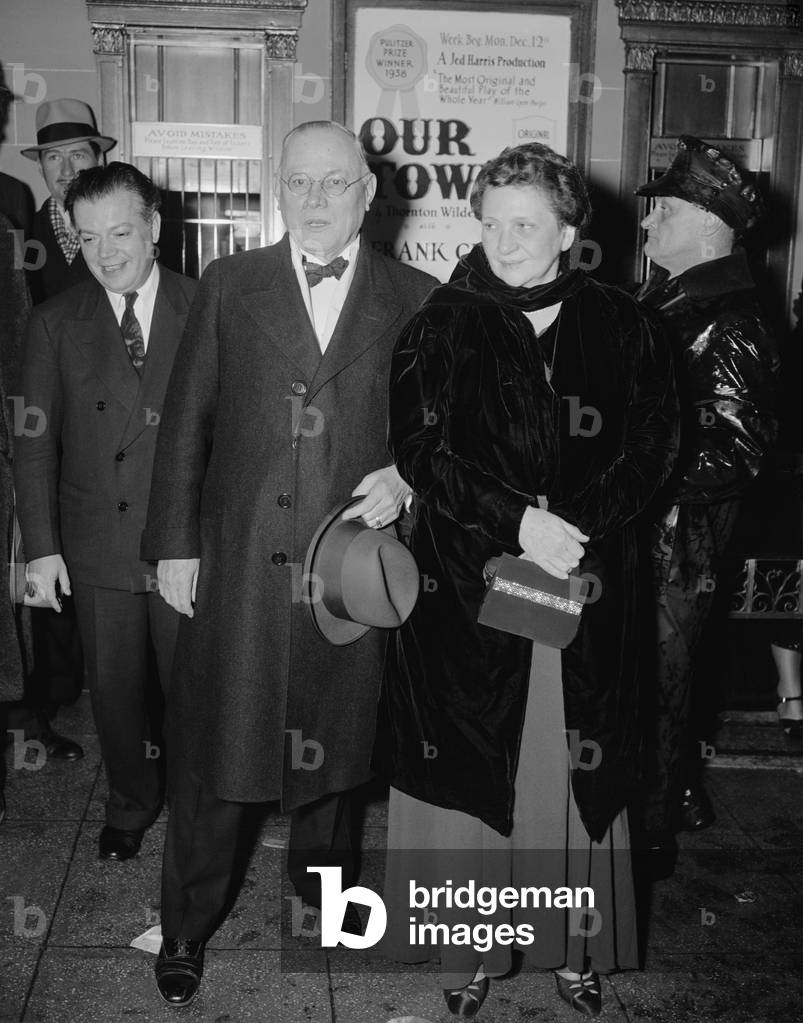 Secretary of Labor Frances Perkins and AFL President William Green at the National Theater attending PINS AND Needles, a stage production by International Ladies Garment Workers Union, Dec. 6, 1938
