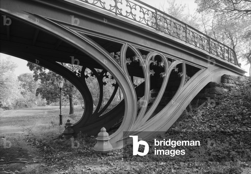 New York City, Central Park's Gothic Arch, view from bridlepath looking northeast showing detail of cast-iron gothic motifs in spandrel, photograph by Jet Lowe, c.1980s