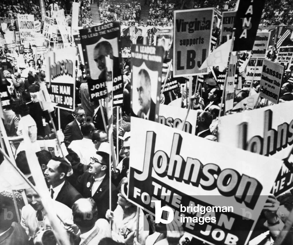 Lyndon Johnson. Delegates supporting US Senator (and future US President) Lyndon Johnson rally as US Speaker of the House Sam Rayburn nominates him as a presidential candidate, Democratic National Convention, Los Angeles, California, July, 1960