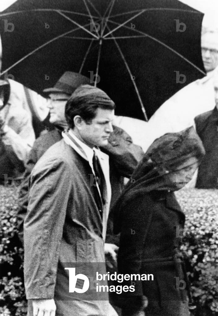 Joseph P. Kennedy funeral. Rose Kennedy leaving St. Francis Xavier Church in Hyannis following private funeral service for her husband, Joseph P. Kennedy. She is escorted by her son, Senator Edward Kennedy. Nov. 20, 1969