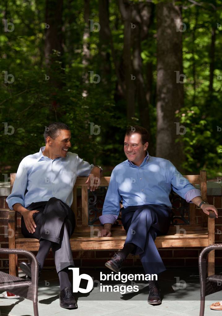 President Barack Obama talks with Prime Minister Dmitry Medvedev of Russia. At the G8 Summit at Camp David, May 19, 2012