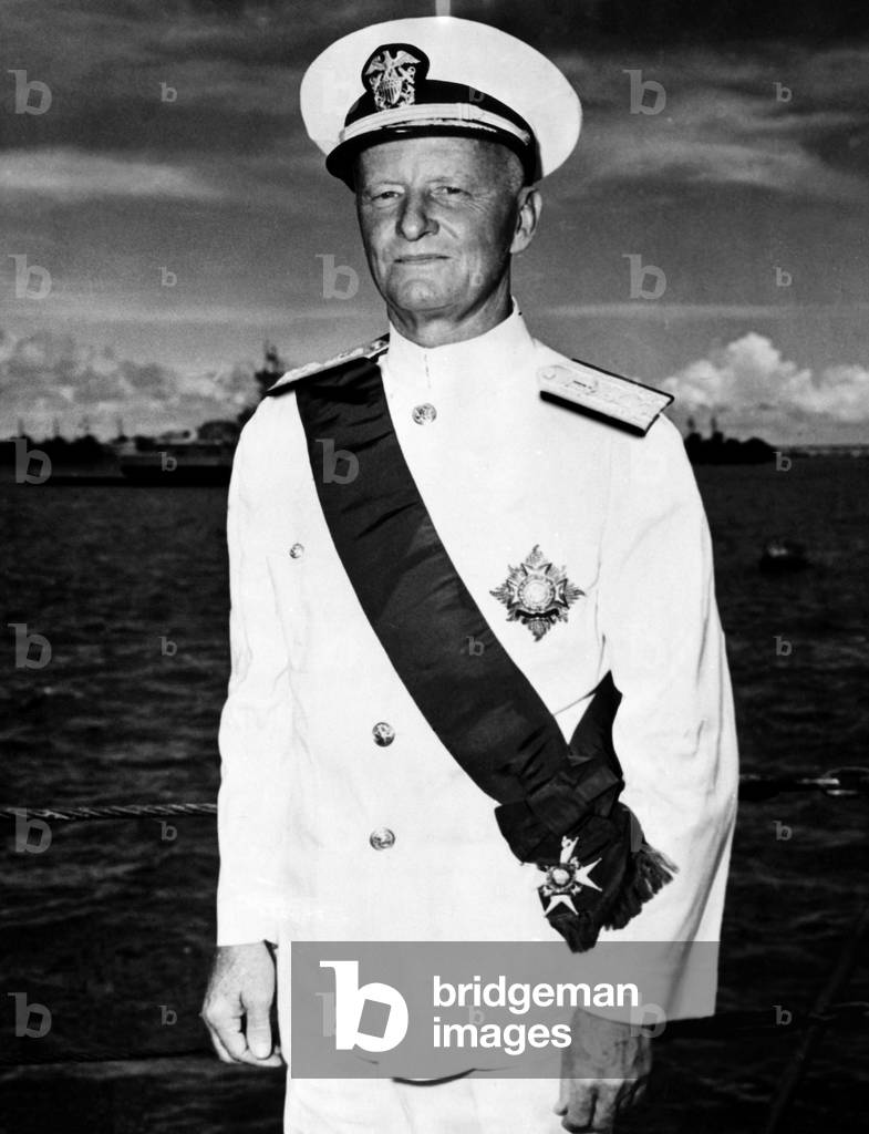 Fleet Admiral Chester Nimitz, (1885-1966), on deck of the HMS Duke of York British Pacific Fleet, 1945.