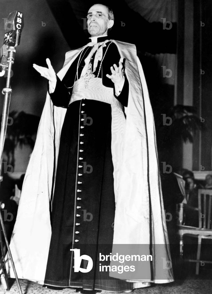 Pope Pius XII, (1876-1958), giving a speech at the Catholic University, Washington D.C., 1939.