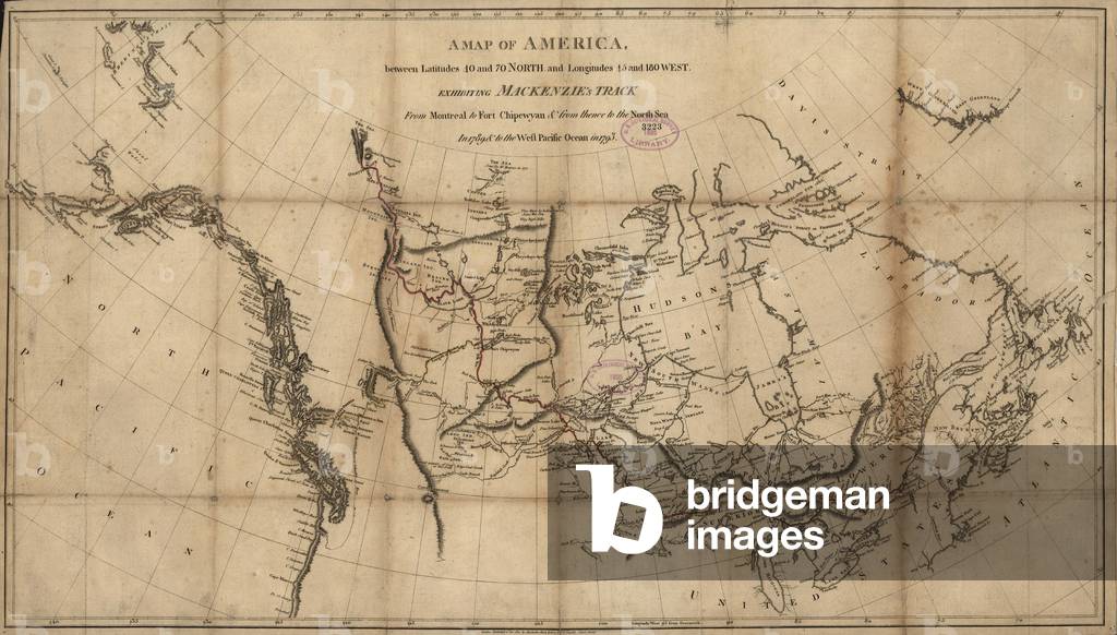 A 1801 map of North America showing Alexander Mackenzie's track from Montreal to Fort Chipewyan, to the north sea, then to the west Pacific Ocean from 1789 to 1793. The course of this exploration was the first transcontinental crossing of North America above Mexico