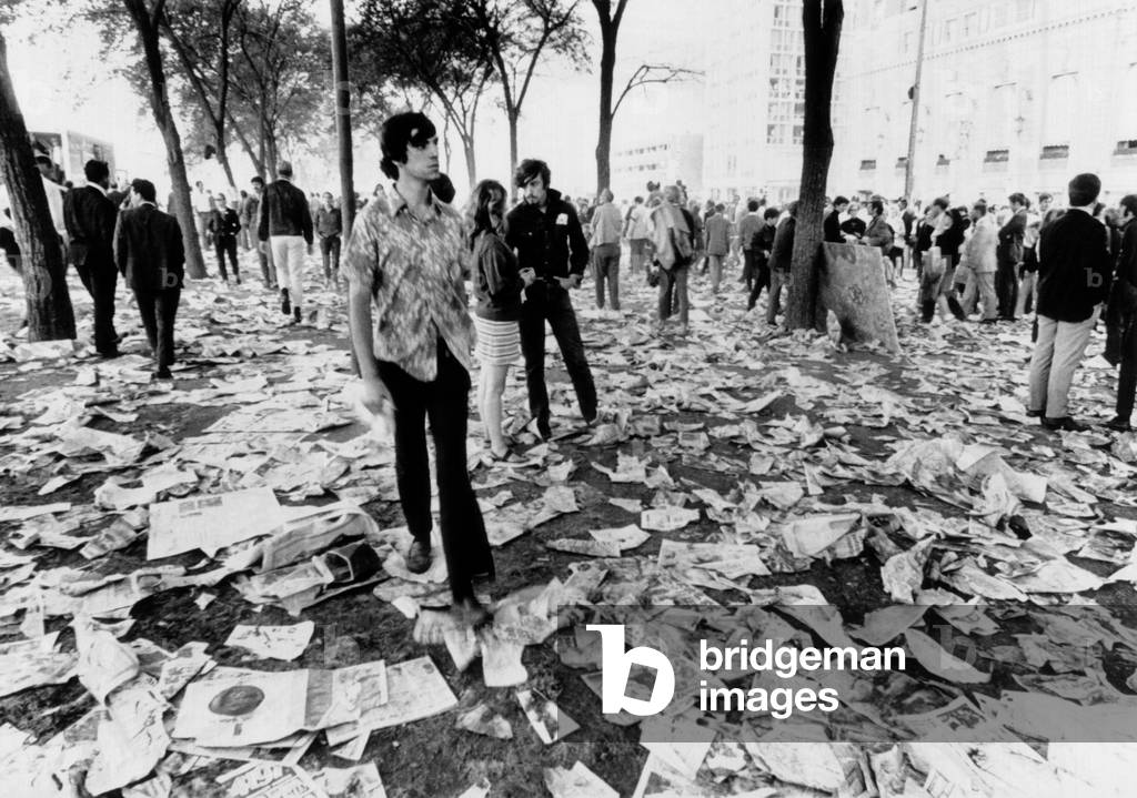 Chicago's Grant Park is littered with the debris. The hippies and yippies who battled police and national guardsmen for four days during the Democratic National Convention have left for home or are in Chicago's jail. Aug. 30, 1968