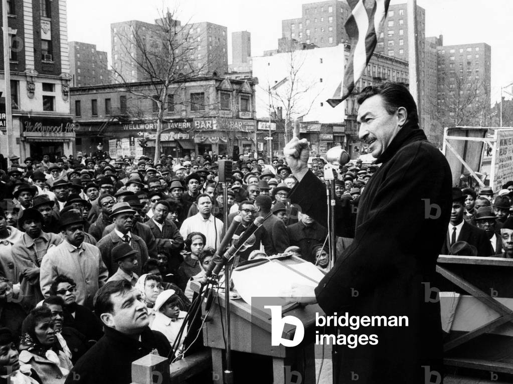 U.S. Representative from New York, Reverend Adam Clayton Powell Jr., giving a speech in Harlem, New York, March 23, 1963
