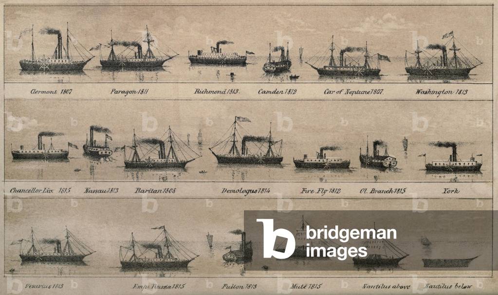 Print depicting 19 early steamships built between 1807 and 1815 including Robert Fulton's CLERMONT and NAUTILUS. lifeofrobertfult00reigrich_0024