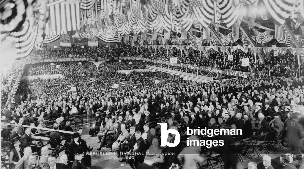 1920 Republican Convention nominated Warren Harding. Broad view of convention delegates at Chicago convention