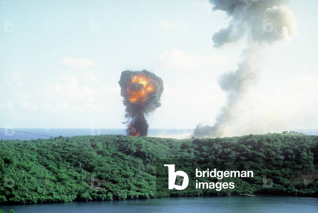 Explosion from a direct U.S. hit on a Grenadian position on the first day of the U.S. lead invasion of the Caribbean island on Oct. 25 1983
