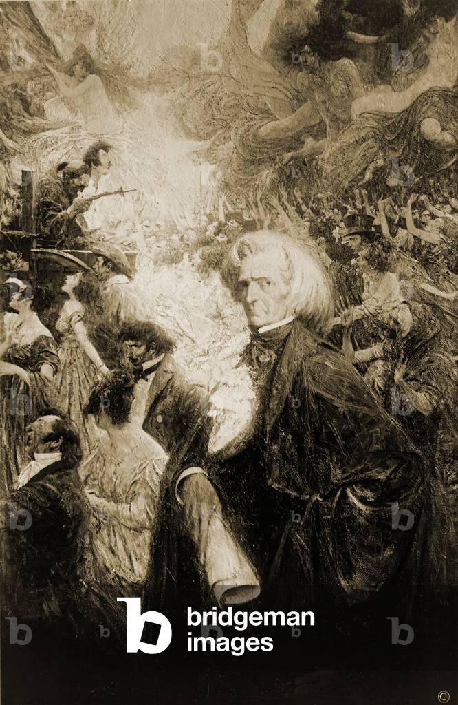 Hector Berlioz (1803-1869), in an imaginative painting of a scene from his 1830 SYMPHONIE FANTASTIQUE, which ended with the death and demonic torments of the protagonist. 1918 painting by Harvey Dunn