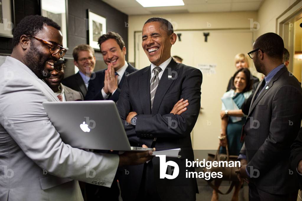 President Barack Obama and Jimmy Fallon before the taping of 'Late Night with Jimmy Fallon'. They are being briefed on the 'Slow Jam the News' segment at the University of North Carolina in Chapel Hill, N.C., April 24, 2012