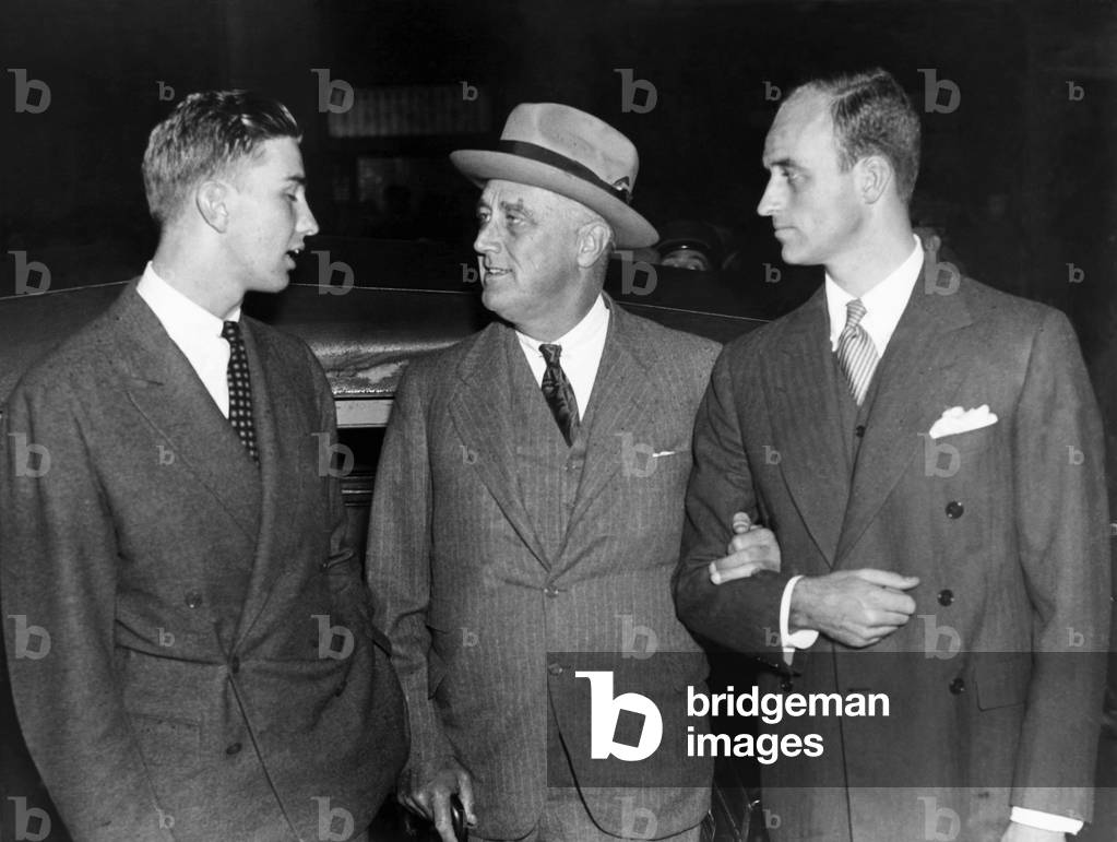 FDR Presidency. From left: Franklin Roosevelt, Jr., US President Franklin Delano Roosevelt, James Roosevelt, New York City, New York, 1935
