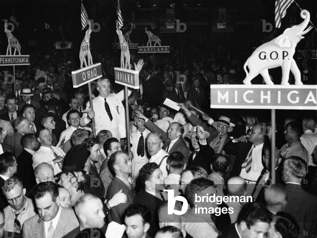 US Elections. Center left, white suit: Ohio Governor John W. Bricker calling for the nomination of Wendell Wilkie at the Republican National Convention, Philadelphia, Pennsylvania, June 1940