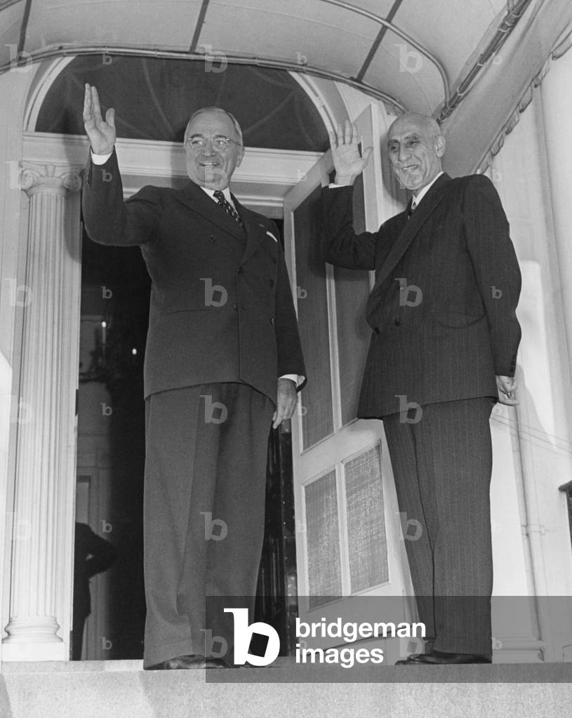 President Truman and Prime Minister Mohammed Mossadegh of Iran at Blair House. Oct. 23, 1951. Mossadegh travel to the U.S. to defend Iran's nationalization of the oil industry to Truman and UN Security Council.
