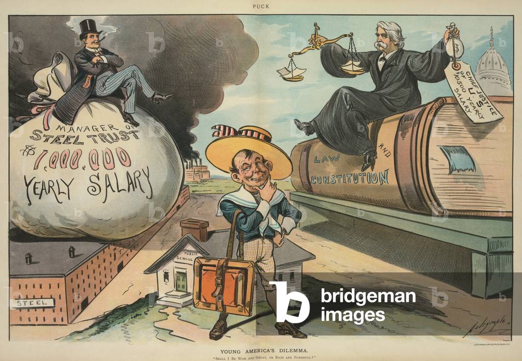 YOUNG AMERICA'S DILEMMMA. Cartoon comparing the million dollar salary of U.S. Steel manager Charles M. Schwab with the 10 500 salary of Supreme Court Chief Justice. Louis Dalrymple cartoon was published in PUCK on Sept. 12 1901