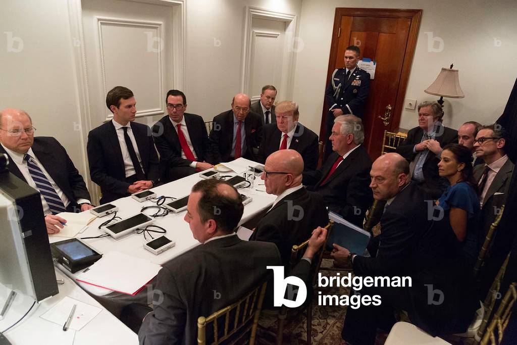 President Donald Trump and the National Security Council are briefed on a military strike on Syria. On April 8, 2017 (photo)