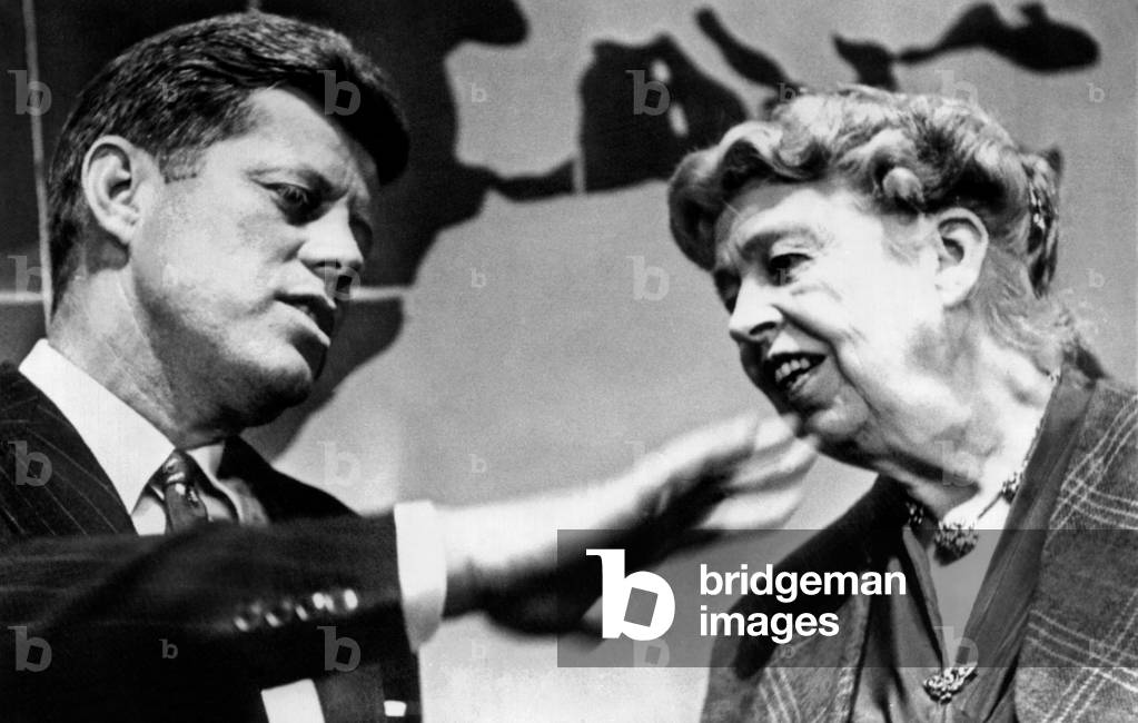 Eleanor Roosevelt and Sen. John Kennedy in a public appearance at Brandeis University. Earlier in the day, Kennedy announced his candidacy for the 1960 Democratic presidential nomination. Mrs. Roosevelt favored his rival, Adlai Stevenson. Jan. 3, 1960