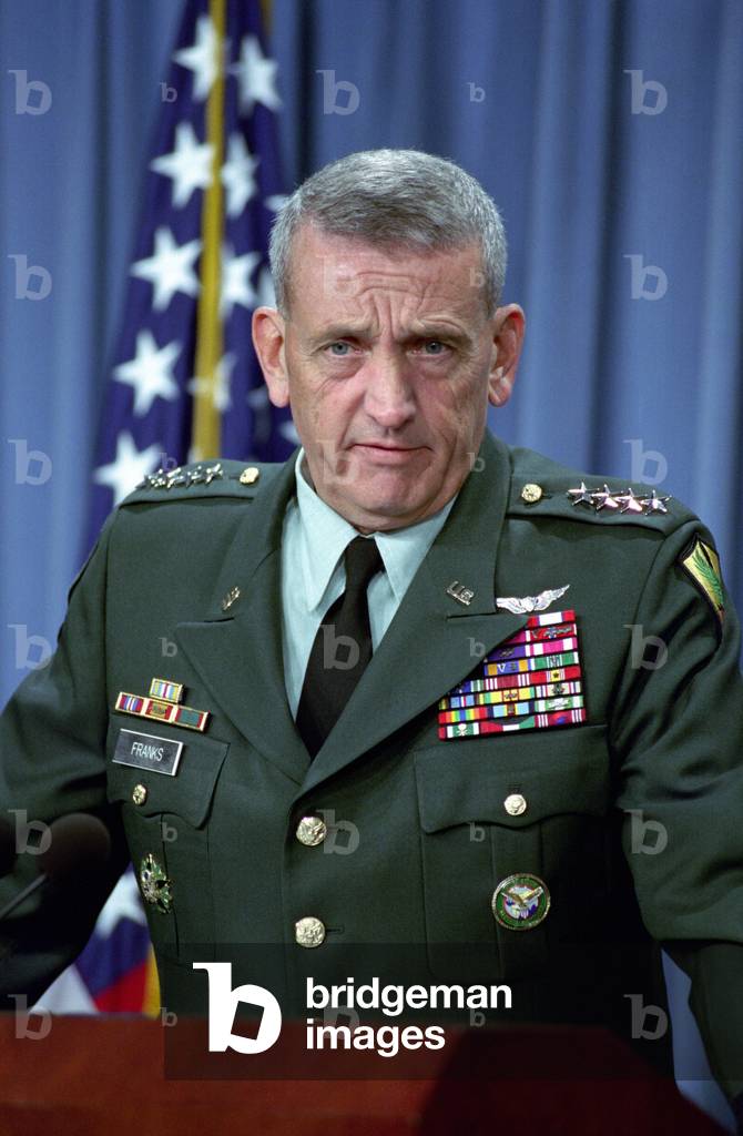 General Tommy Franks Commander of U.S. Central Command in Afghanistan holds a press briefing at the Pentagon Washington D.C. on Oct. 29 2002., Photo by:Everett Collection