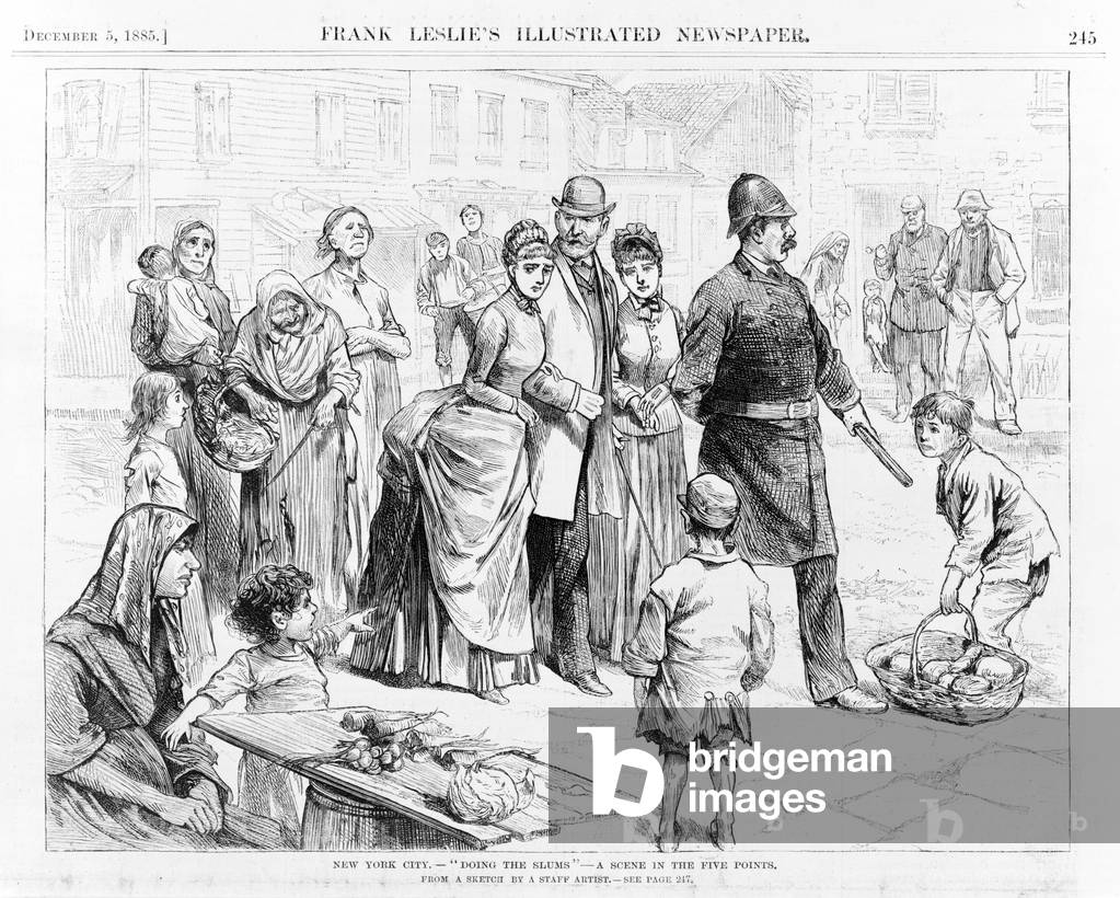 New York City. Among the poor. Policeman leading upper class people through the Five Points neighborhood. 1885