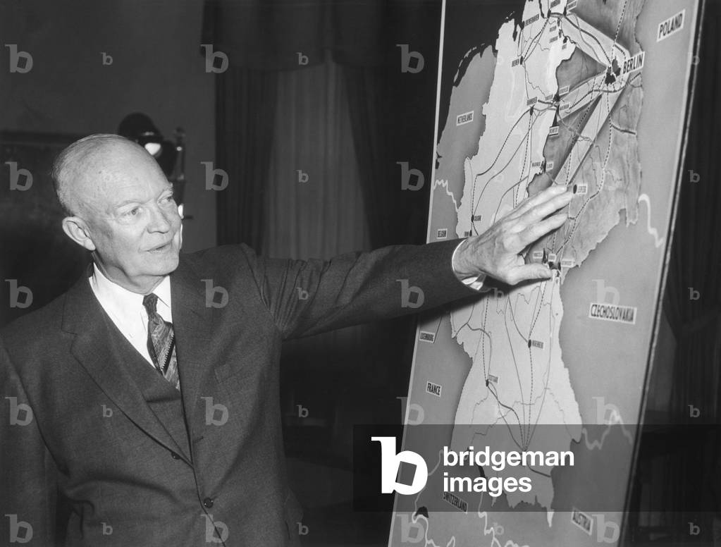 President Eisenhower with a map of Berlin he used in his broadcast speech to the Nation. March 16, 1959. He reported about the Berlin dispute with the Soviets and the general security position of the U.S. and the NATO Alliance.