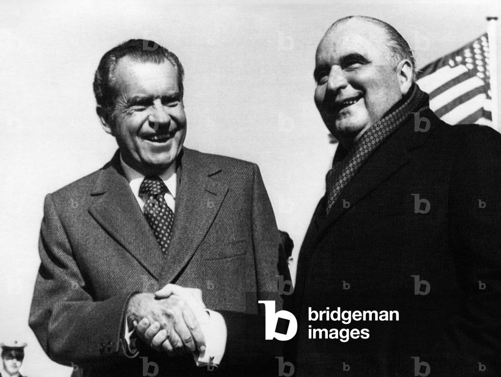 1973 US Presidency, International Relations. US President Richard Nixon meets with French President Georges Pompidou in Reykjavik, Iceland, 1973