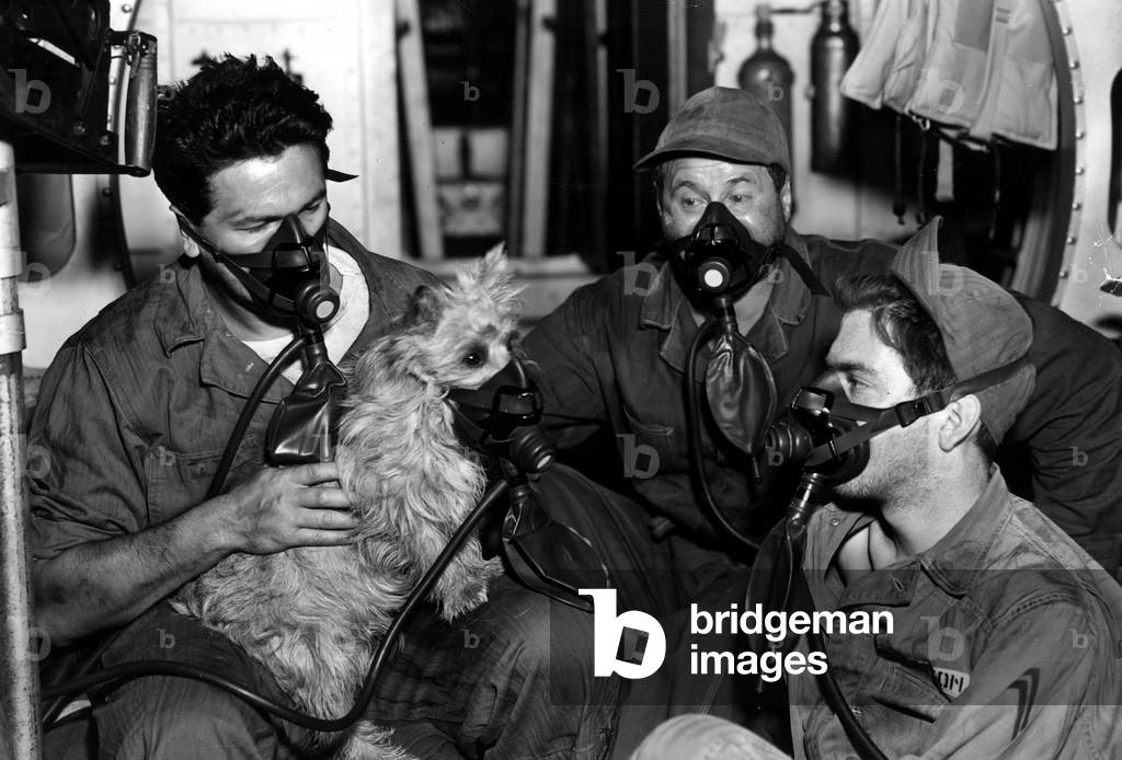 JOHN GARFIELD, GEORGE TOBIAS and WARD WOOD check to see if fellow cast member ROMMIE's gas mask fits during production of AIR FORCE, 1943