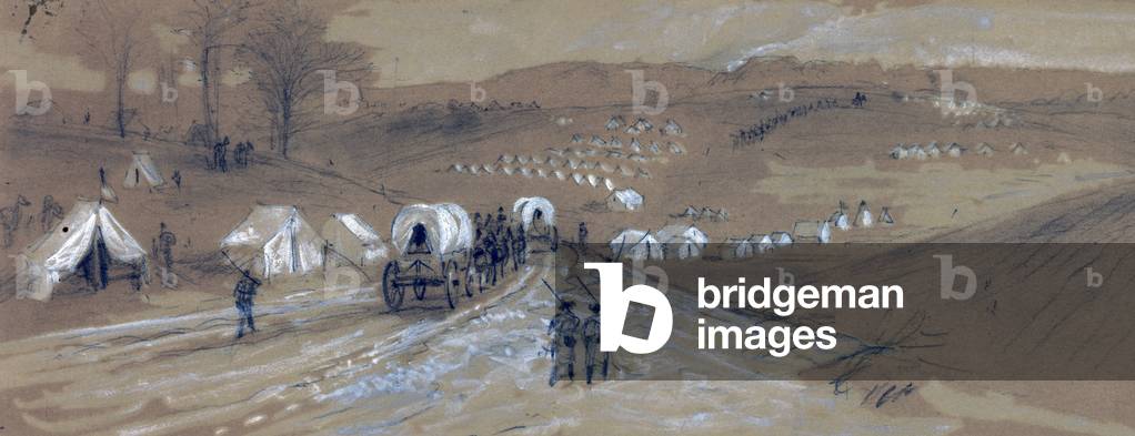 The Civil War. Supply wagons entering Union Army encampment near Falmouth, Virginia. January. 1863