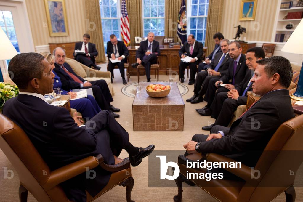 President Obama holds meeting with Jordan's King Abdullah II and his delegation during Palestinian-Israeli talks at the White House. Sept. 1 2010. (BSWH_2011_8_249)