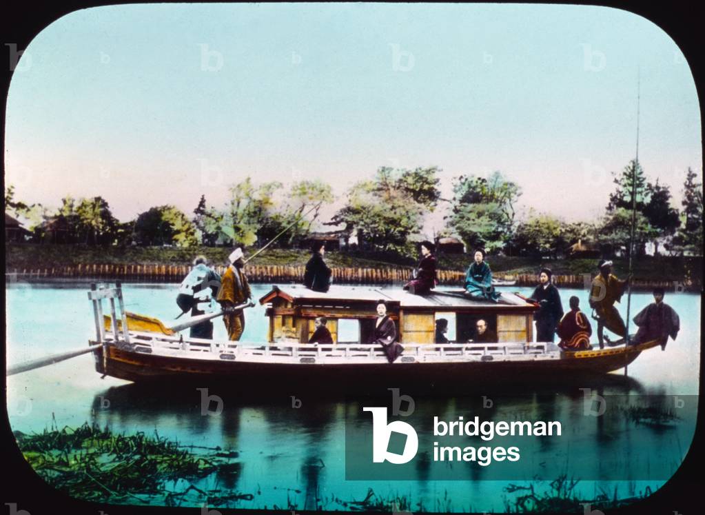 Japan, a houseboat, hand colored lantern slide, photograph by William Henry Jackson, 1895