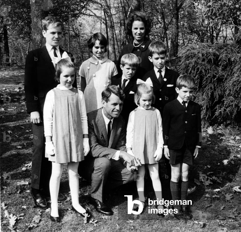 Robert F. Kennedy and family, (top, l-r) Joseph, Kathleen, wife Ethel, (mid, l-r) David, Bobby, (bot, l-r) Mary, Robert F. Kennedy, Kerry, Michael, Bronx Zoo, Bronx, NY, November 6, 1964.
