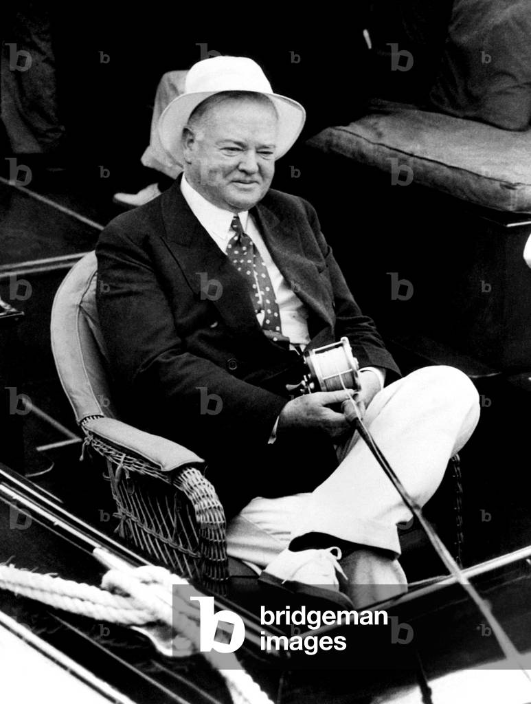 Former President Herbert Hoover fishing at Miami Beach. ca 1936.