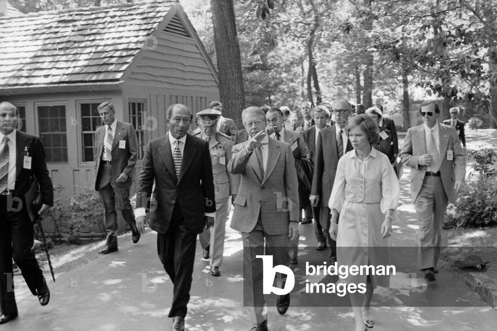 Jimmy Carter welcomes Anwar Sadat and the Egyptian delegation to Camp David. The delegation was critical to the success of the summit negotiations. Sept 5-17 1978