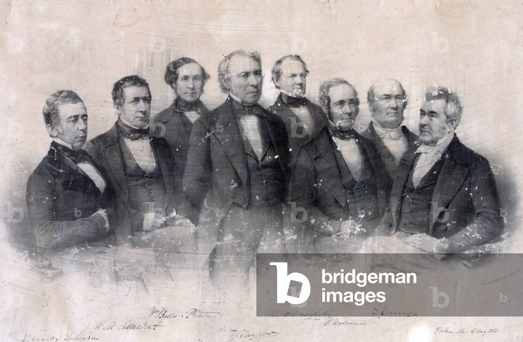Zachary Taylor. President Taylor standing in front of his cabinet officers, (l to r), Reverdy Johnson, William M. Meredith, B. Preston, George W. Crawford, Jacob Collamer, Thomas Ewing, and John M. Clayton. 1849