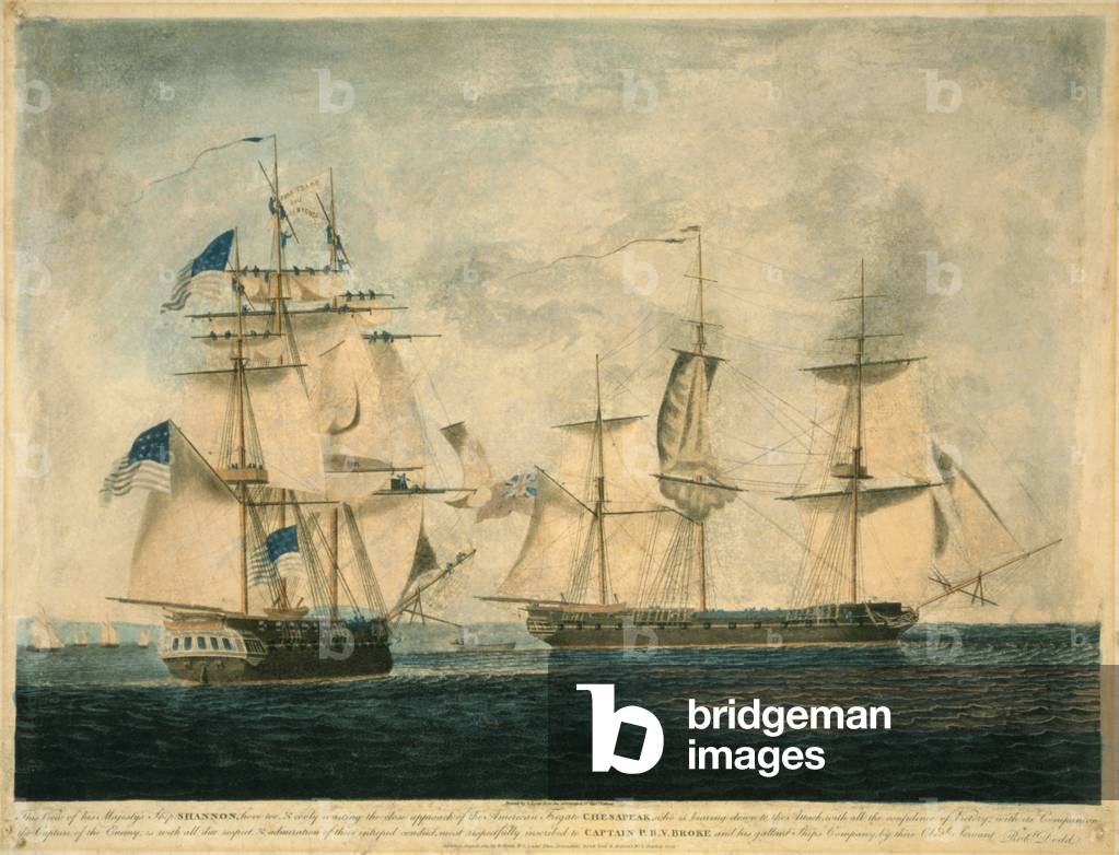 USS Chesapeake vs. HMS Shannon during the War of 1812. HMS Shannon was victories boarding and capturing the USS Chesapeake in short engagement off Cape Cod on June 1 1813